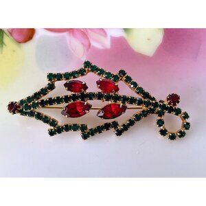 Vintage Rhinestone Holly Mistle Toe Leaf Brooch Red Green Christmas
